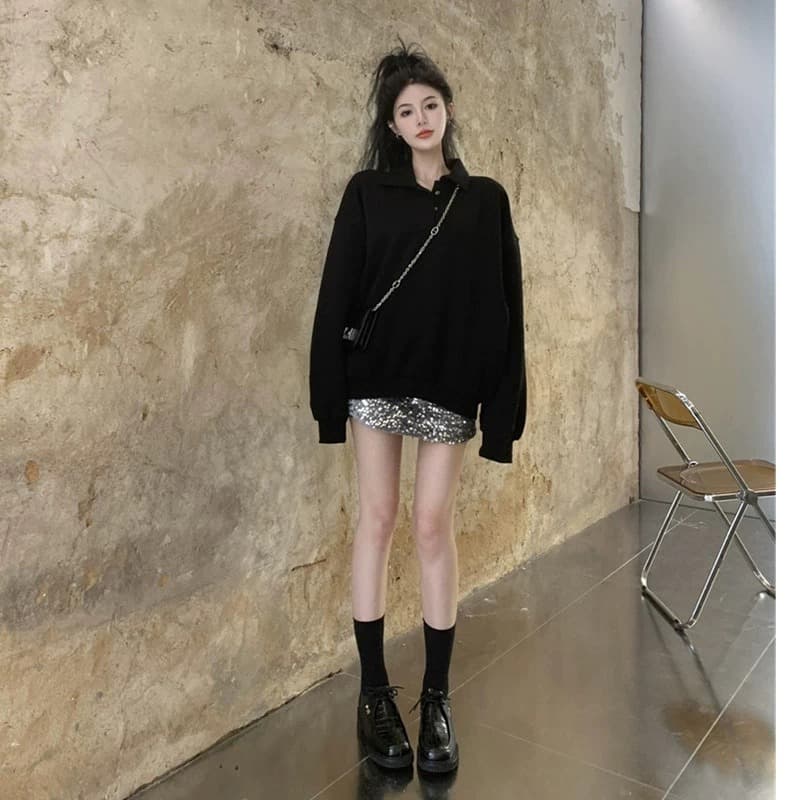 느긋한 캐주얼 POLO 칼라 털이 있는 후드티 미니 스커트 두 조각 여성 세트 튀김 거리 항구 바람 반신 치마 세트 겨울 2026 이미지 5
