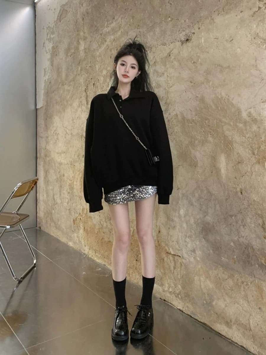 느긋한 캐주얼 POLO 칼라 털이 있는 후드티 미니 스커트 두 조각 여성 세트 튀김 거리 항구 바람 반신 치마 세트 겨울 2026 상세 이미지 8