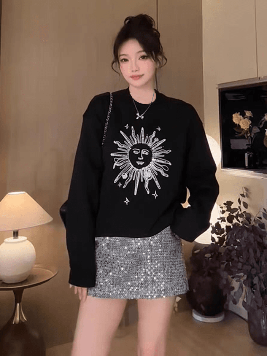 가을 겨울 새로운 2025 패션 세트 털이 있는 후드티 슬림해 보이는 스팽글 반신 스커트 두 조각 여성 세트