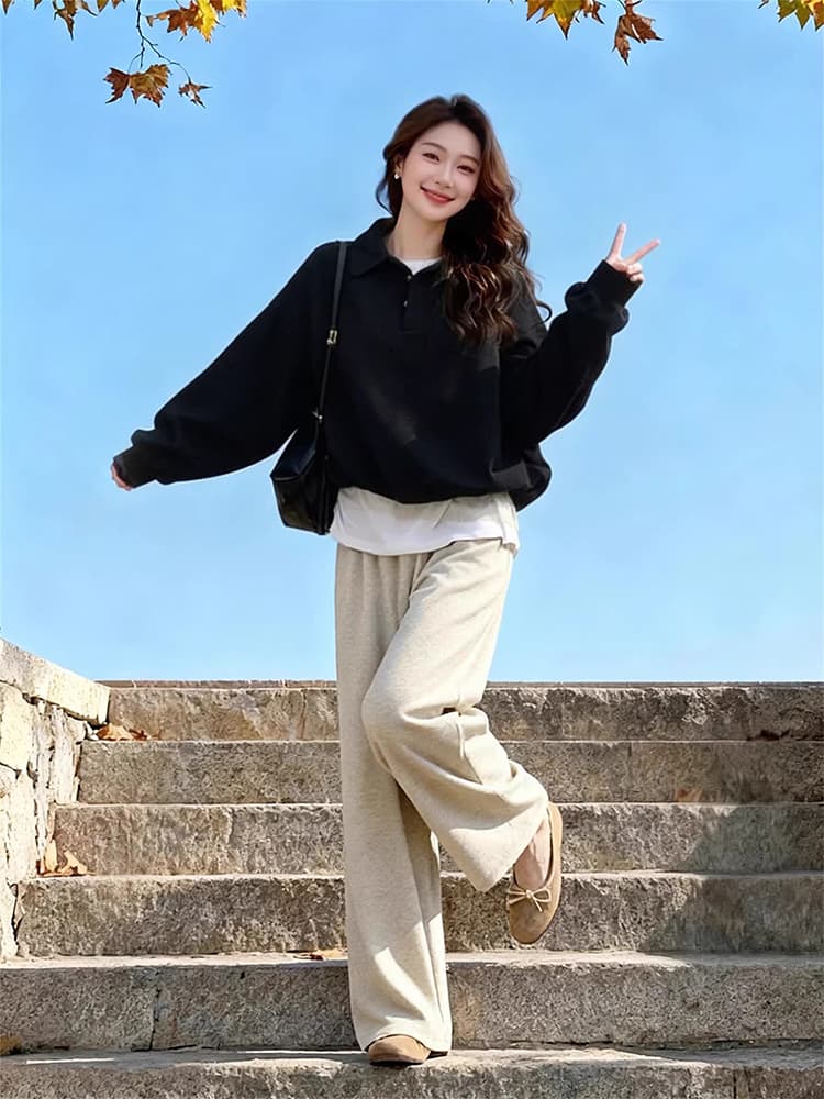 자이언트 잘 생긴 ~ 중 가을 겨울 한 부서 착용 가져 가라. 전체 집합 마이크로 지방 mm 느긋한 바람 POLO 칼라 후드티 바지 두 조각 여성 세트