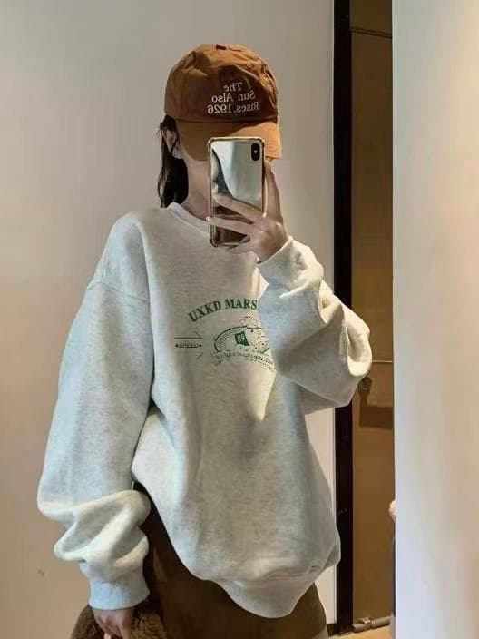 한 부서 느긋한 바람 루즈핏 털이 있는 라운드 넥 후드티 2025 새로운 여성 봄 가을 디자인 센스 프린트 맨위 투피스 세트 상세 이미지 1