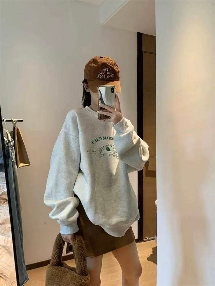 한 부서 느긋한 바람 루즈핏 털이 있는 라운드 넥 후드티 2025 새로운 여성 봄 가을 디자인 센스 프린트 맨위 투피스 세트 상세 이미지 3