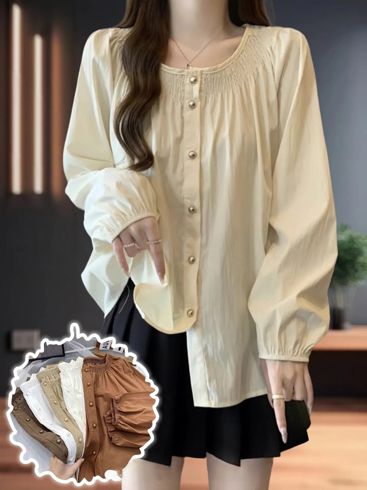 프랑스식 레트로 주름 라운드 넥 긴팔 셔츠 새로운 이른 가을 부드러운 루즈핏 품격 슬림해 보이는 다용도 작은 셔츠 맨위 상세 이미지 3