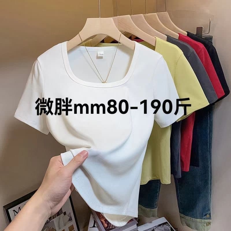 2026 빅 사이즈 지방 mm 광장 칼라 여름 새로운 반팔 티셔츠 여성 루즈핏 슬림해 보이는 표지 배 미니멀리즘 단색 맨위 이미지 2