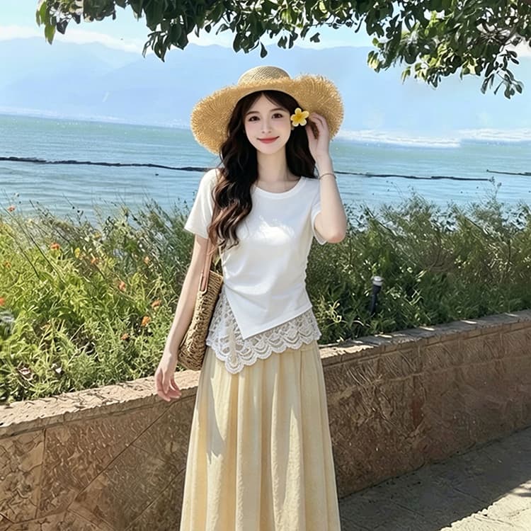 2026 여름 새로운 고유 한 아름다운 작은 세트 품격 티셔츠 패치워크 레이스 가져 가라. 황색 반신 스커트 투피스 세트 상세 이미지 2
