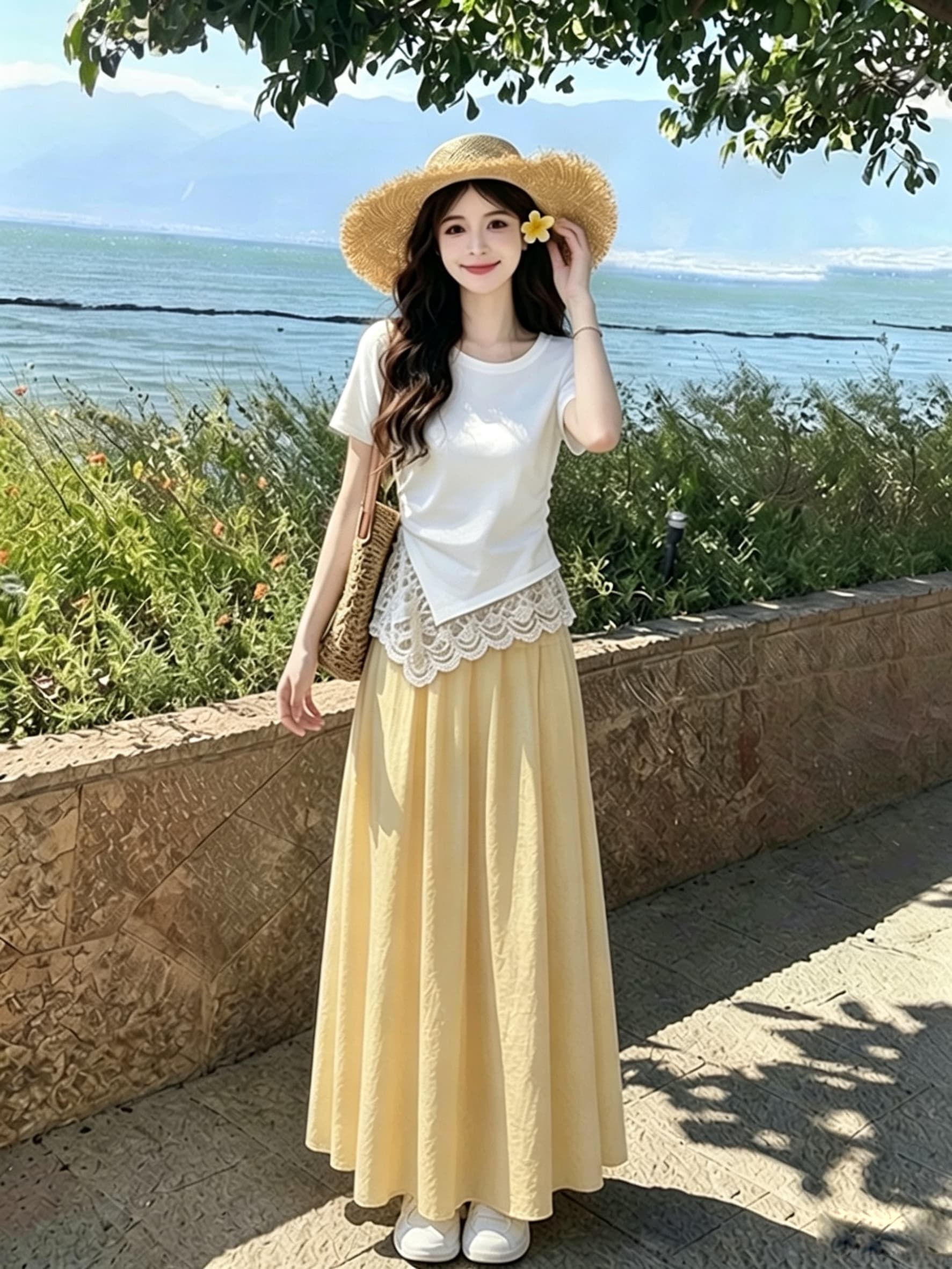 2026 여름 새로운 고유 한 아름다운 작은 세트 품격 티셔츠 패치워크 레이스 가져 가라. 황색 반신 스커트 투피스 세트 상세 이미지 3
