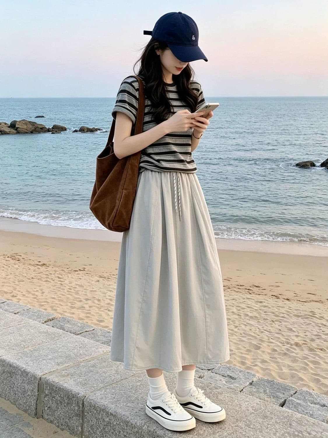2026 새로운 스트라이프 티셔츠 반신 여성 드레스 여름 작은 키 그레이트 통해보기 가져 가라. 에이즈 환자 세트 롱 스커트 이미지 3
