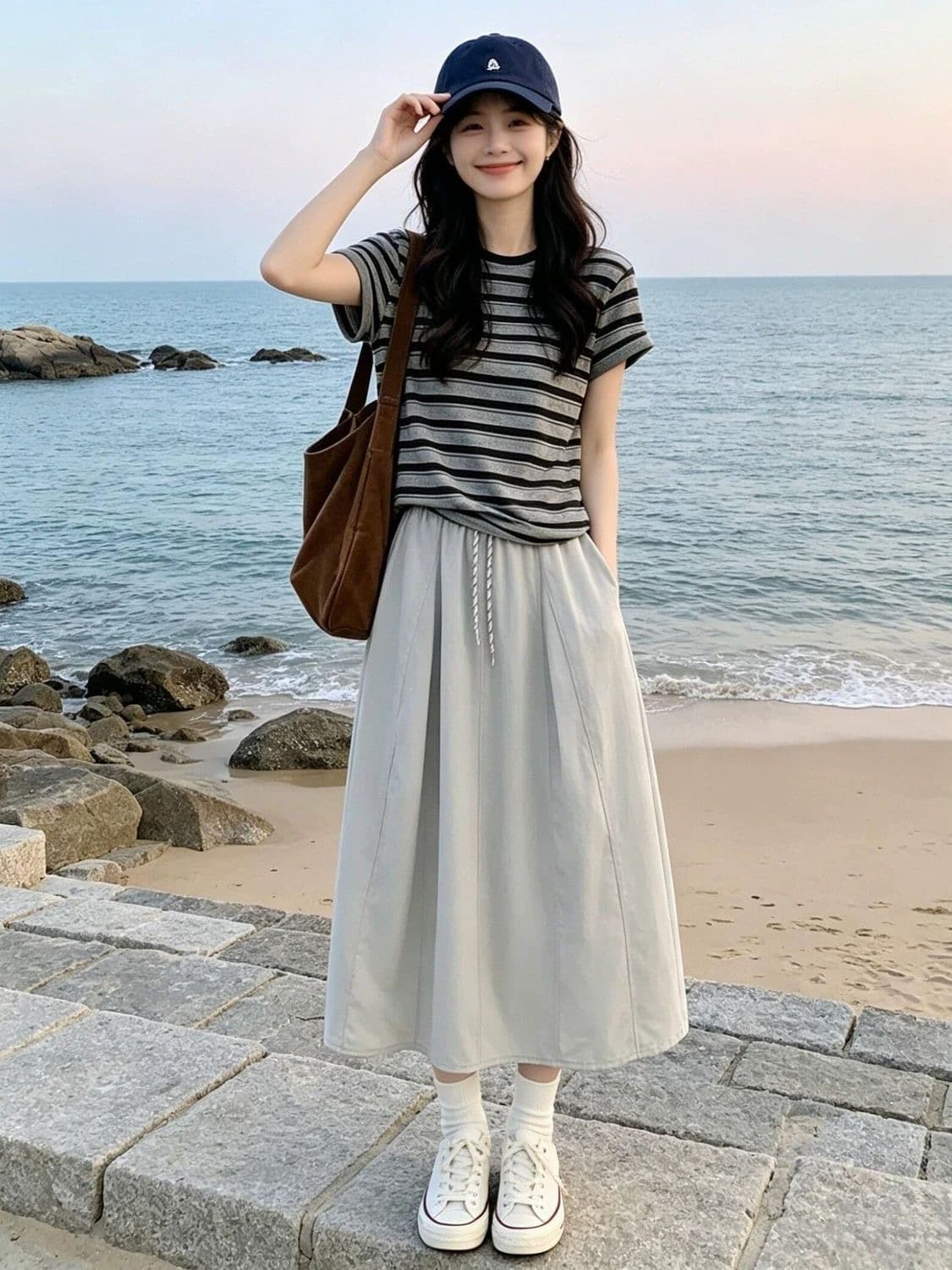 2026 새로운 스트라이프 티셔츠 반신 여성 드레스 여름 작은 키 그레이트 통해보기 가져 가라. 에이즈 환자 세트 롱 스커트