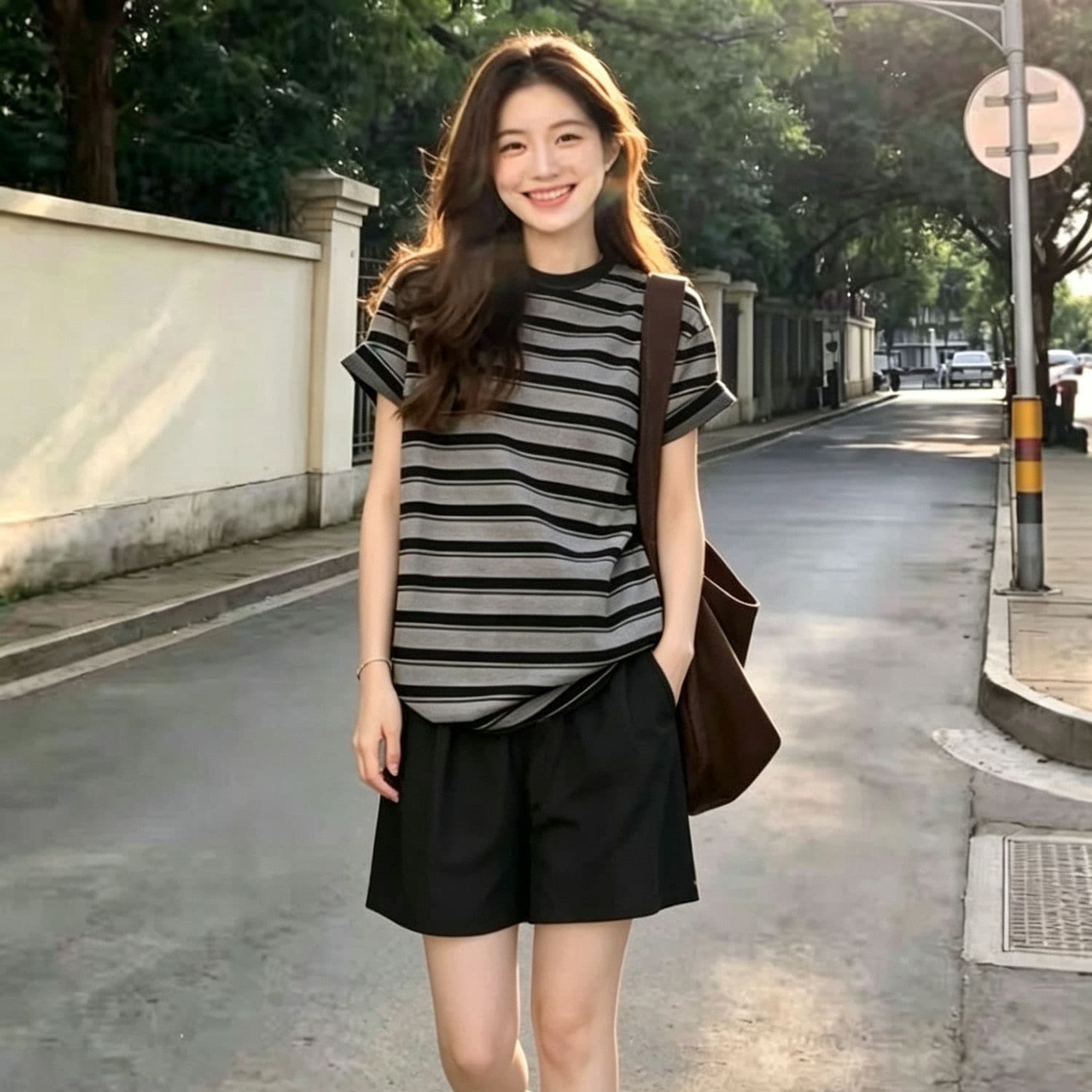지방 mm 폭발 아메리칸 레트로 표지 배 배색 스트라이프 반팔 티셔츠 검정색 반바지 작은 대중 캐주얼 루즈핏 이미지 5