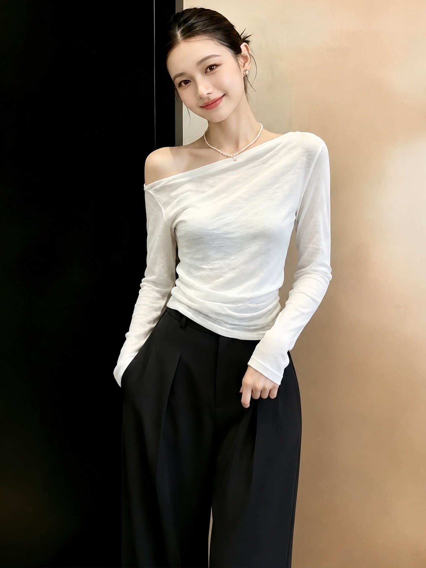 2026 새로운 봄 가을 화이트 비스듬한 어깨 오프숄더 긴팔 자외선 차단 블라우스 t 여성 프랑스식 쇄골 오프숄더 맨위 상세 이미지 2