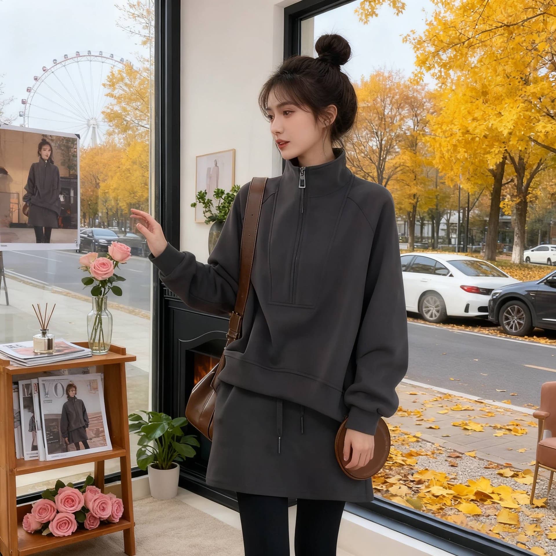 새로운 2026 노인 소매 터틀넥 가을 겨울철 세련된 루즈핏 후드티 한국 스타일 디자인 센스 투피스 세트 여성 의류 지퍼 이미지 5