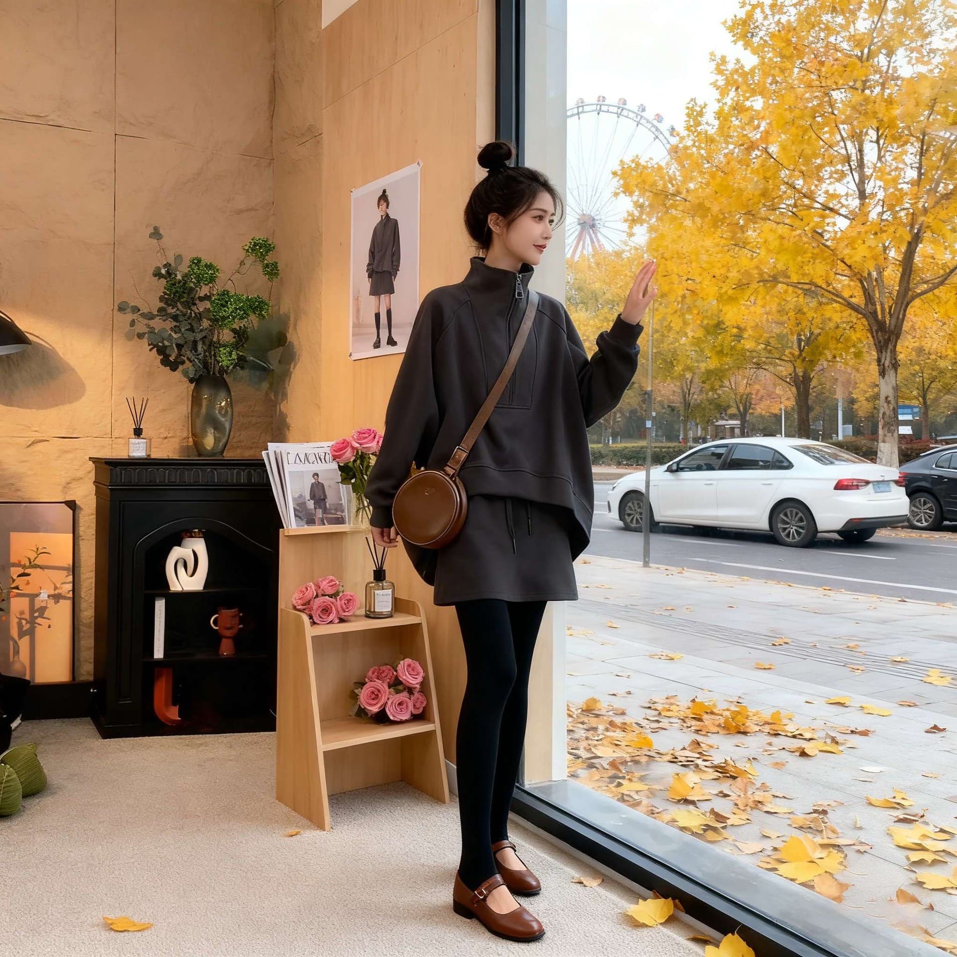 새로운 2026 노인 소매 터틀넥 가을 겨울철 세련된 루즈핏 후드티 한국 스타일 디자인 센스 투피스 세트 여성 의류 지퍼 상세 이미지 2