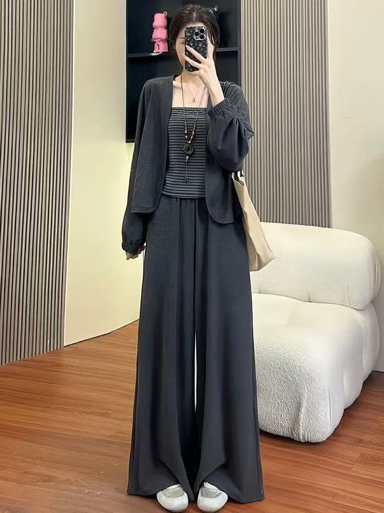 자이언트 잘 생긴 한 부서 ootd 착용 가져 가라. 전체 집합 이른 가을 2026 새로운 슬립 맨위 여성 와이드 레그 팬츠 세 조각 세트 상세 이미지 3