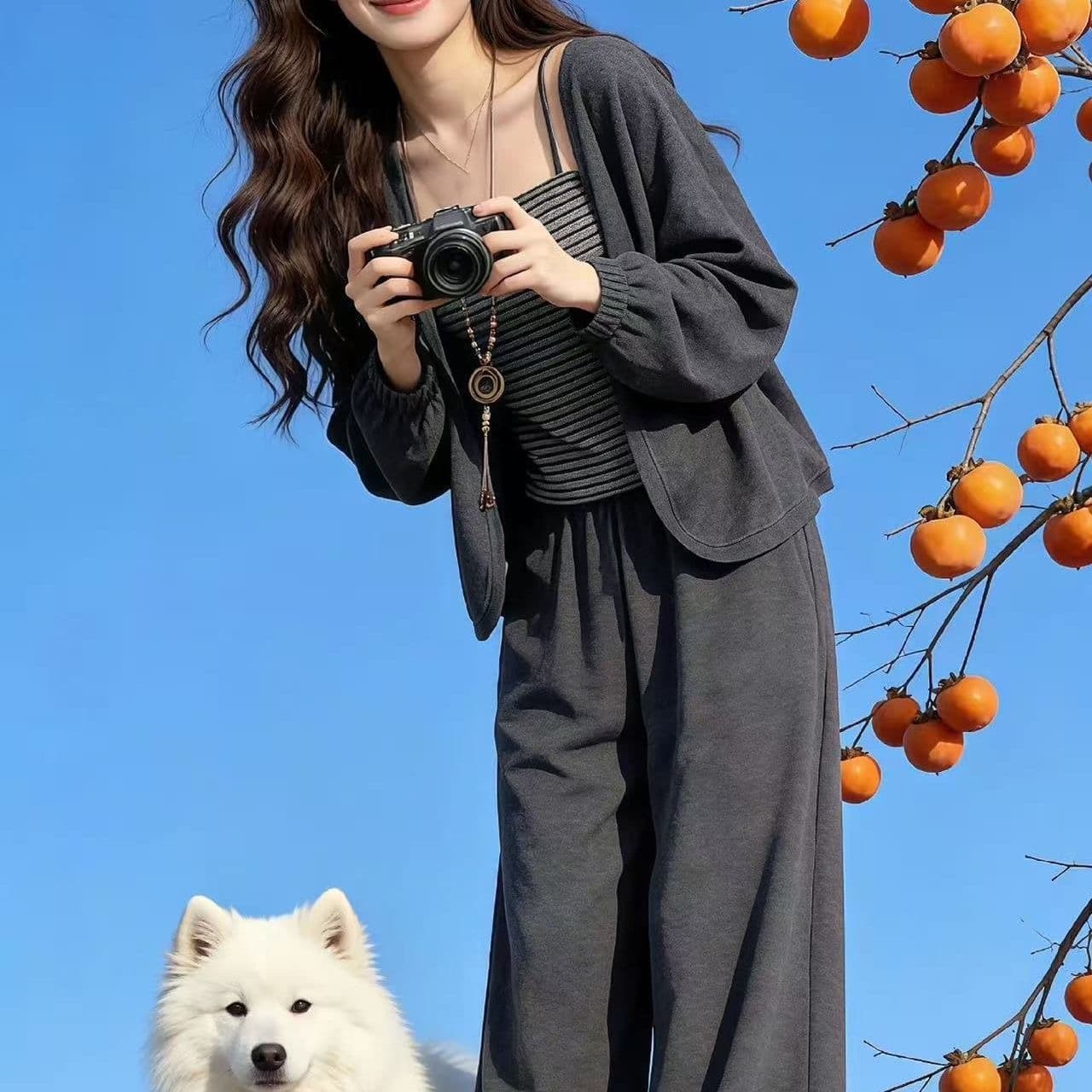 자이언트 잘 생긴 한 부서 ootd 착용 가져 가라. 전체 집합 이른 가을 2026 새로운 슬립 맨위 여성 와이드 레그 팬츠 세 조각 세트 상세 이미지 5