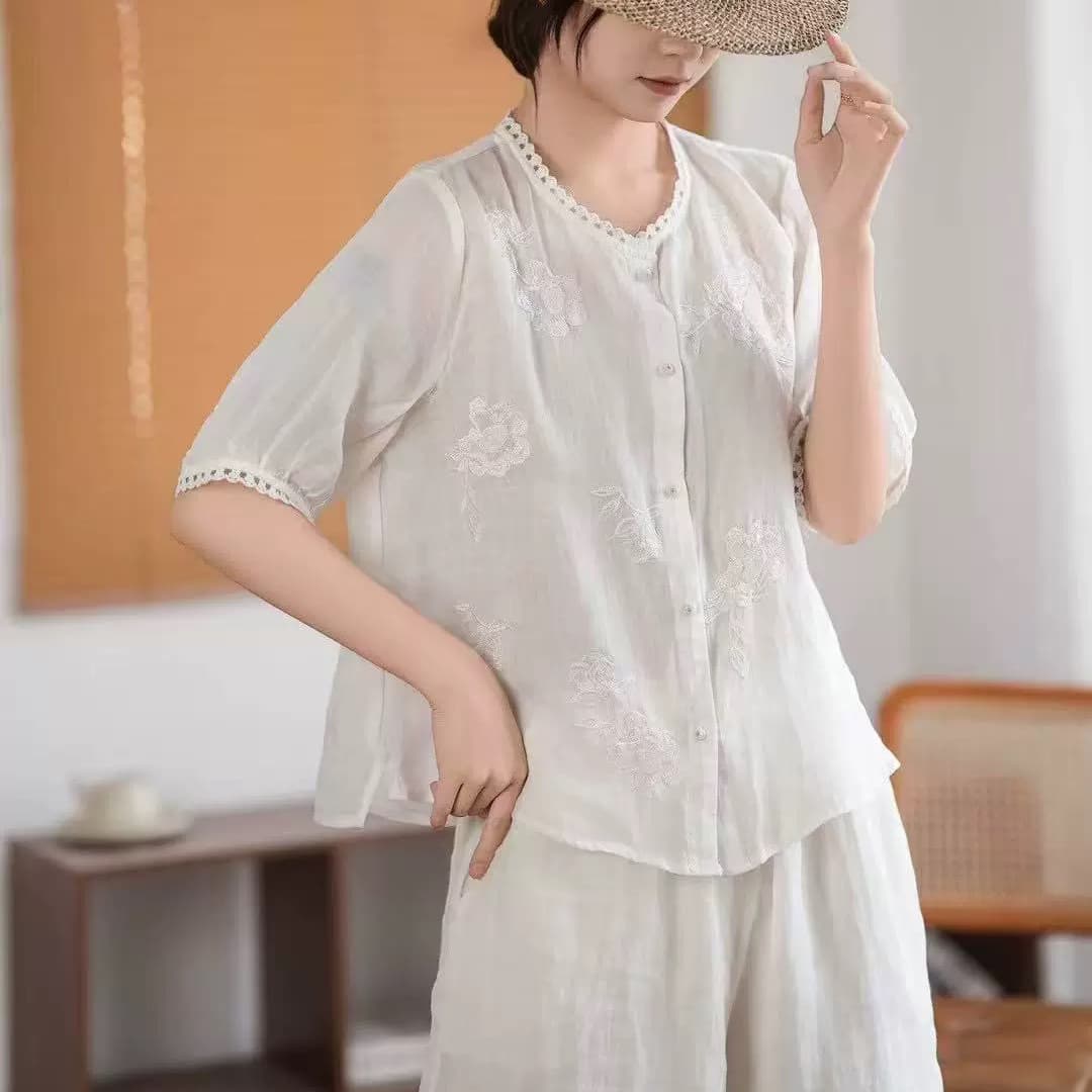 실사 2026 레트로 문예 자수 면 린넨 셔츠 문예 레이스 소매 싱글 줄 버튼 셔츠 품격 오픈 가디건 맨위 상세 이미지 15