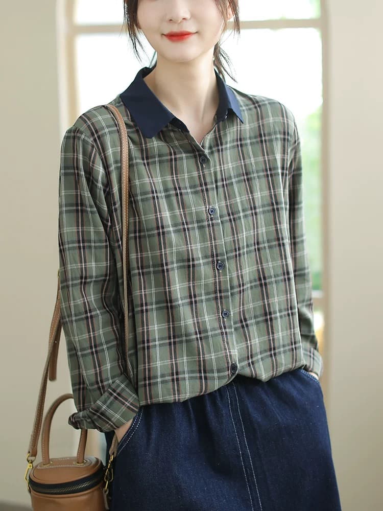 2026 여성 셔츠 이른 가을 새로운 체크무늬 여성 맨위 출퇴근 루즈핏 레트로 캐주얼 품격 면 소재 오픈 가디건 상세 이미지 3