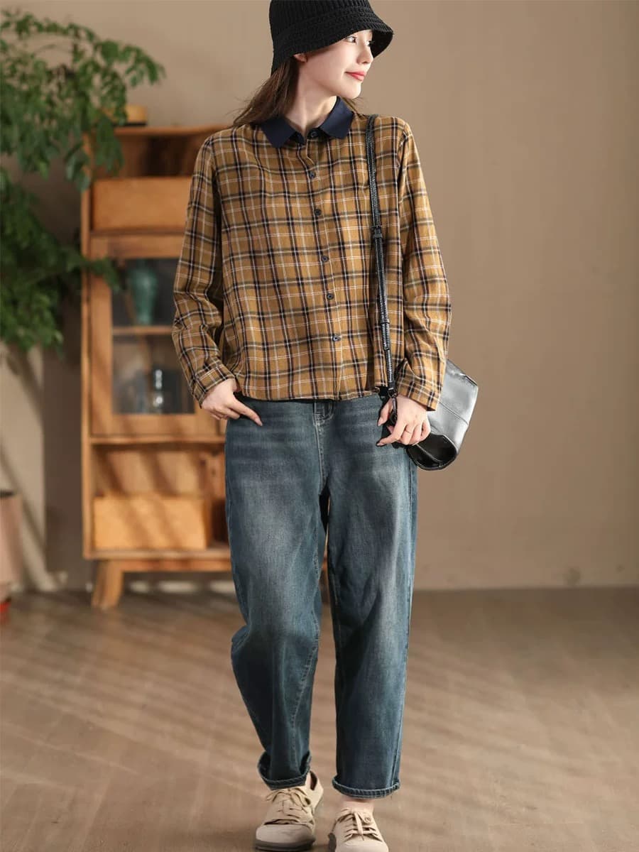 2026 여성 셔츠 이른 가을 새로운 체크무늬 여성 맨위 출퇴근 루즈핏 레트로 캐주얼 품격 면 소재 오픈 가디건 상세 이미지 4