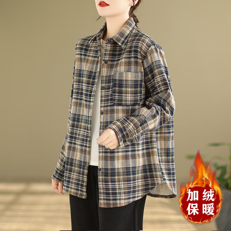실사 2026 봄 가을 레트로 항구 풍차 털 면 100% 셔츠 여성 의류 털이 있는 체크무늬 긴팔 보온 셔츠 재킷