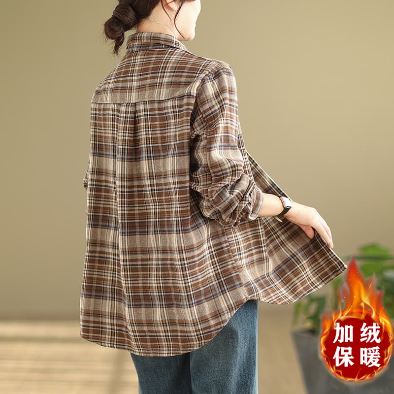실사 2026 봄 가을 레트로 항구 풍차 털 면 100% 셔츠 여성 의류 털이 있는 체크무늬 긴팔 보온 셔츠 재킷 이미지 4