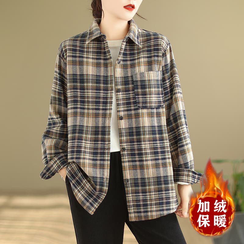 실사 2026 봄 가을 레트로 항구 풍차 털 면 100% 셔츠 여성 의류 털이 있는 체크무늬 긴팔 보온 셔츠 재킷 이미지 3