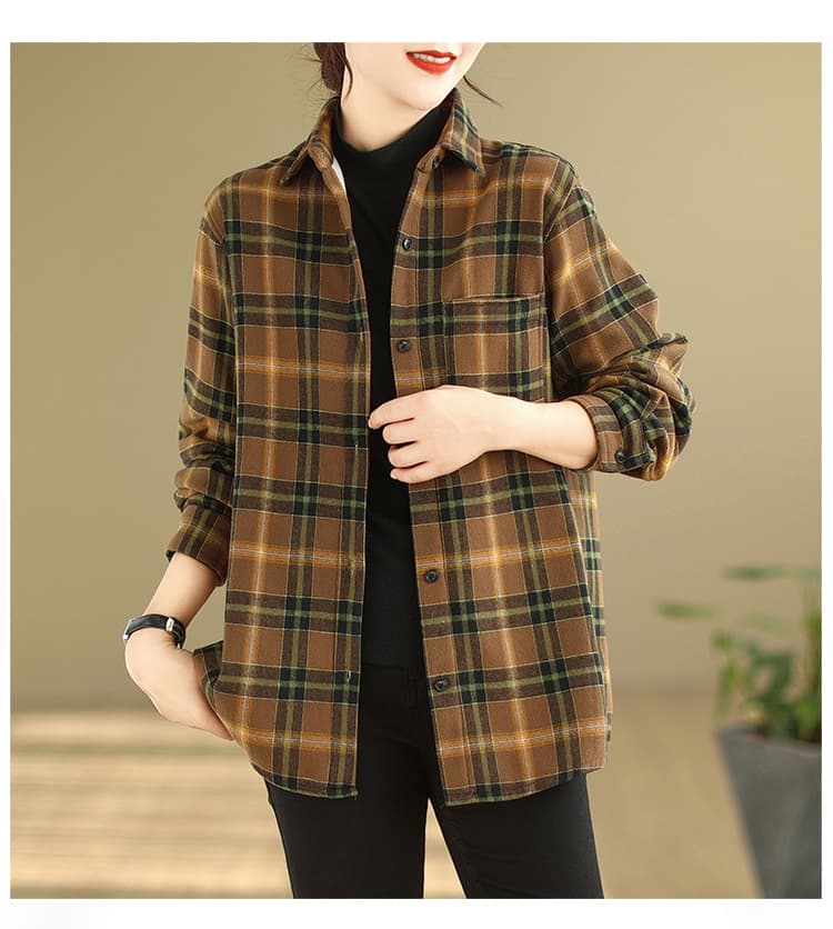 실사 2026 봄 가을 레트로 항구 풍차 털 면 100% 셔츠 여성 의류 털이 있는 체크무늬 긴팔 보온 셔츠 재킷 상세 이미지 10