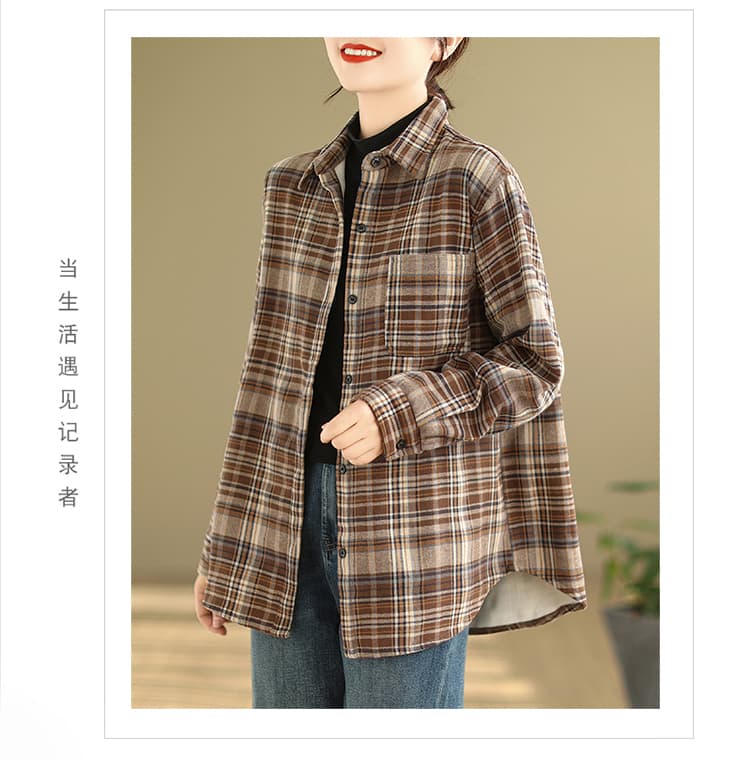 실사 2026 봄 가을 레트로 항구 풍차 털 면 100% 셔츠 여성 의류 털이 있는 체크무늬 긴팔 보온 셔츠 재킷 상세 이미지 16