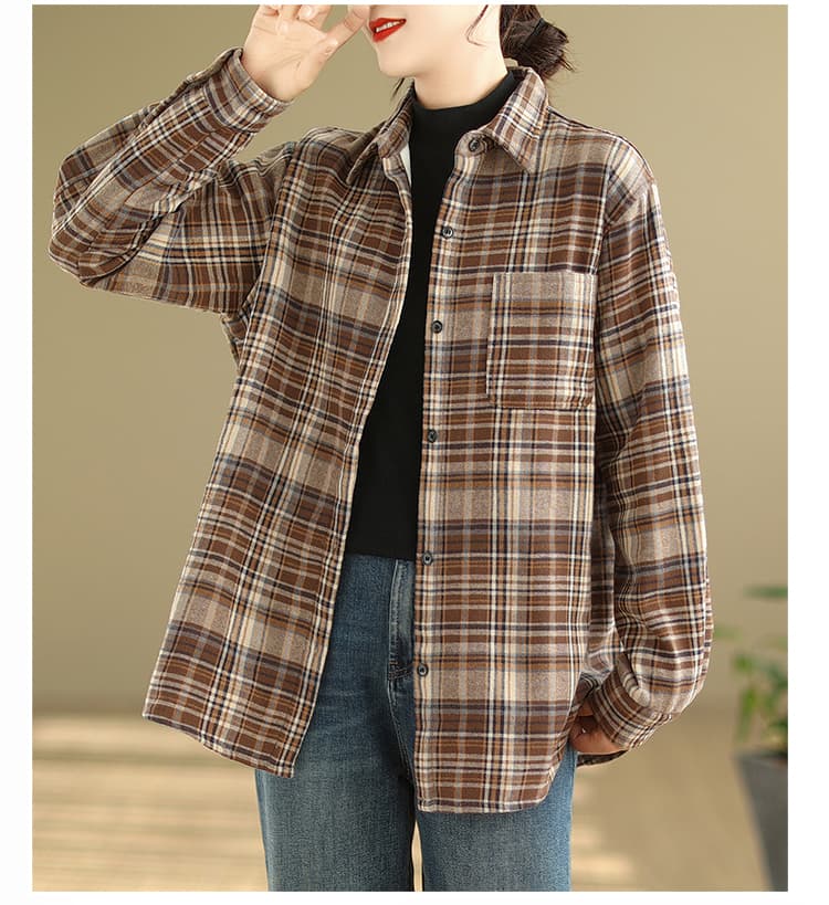 실사 2026 봄 가을 레트로 항구 풍차 털 면 100% 셔츠 여성 의류 털이 있는 체크무늬 긴팔 보온 셔츠 재킷 상세 이미지 17