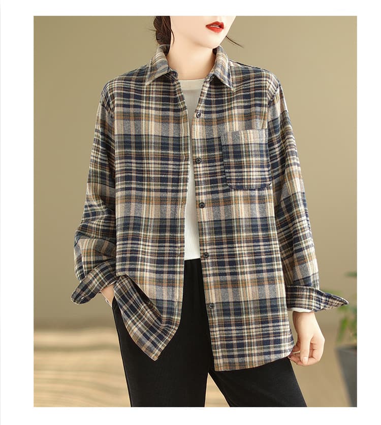 실사 2026 봄 가을 레트로 항구 풍차 털 면 100% 셔츠 여성 의류 털이 있는 체크무늬 긴팔 보온 셔츠 재킷 상세 이미지 20
