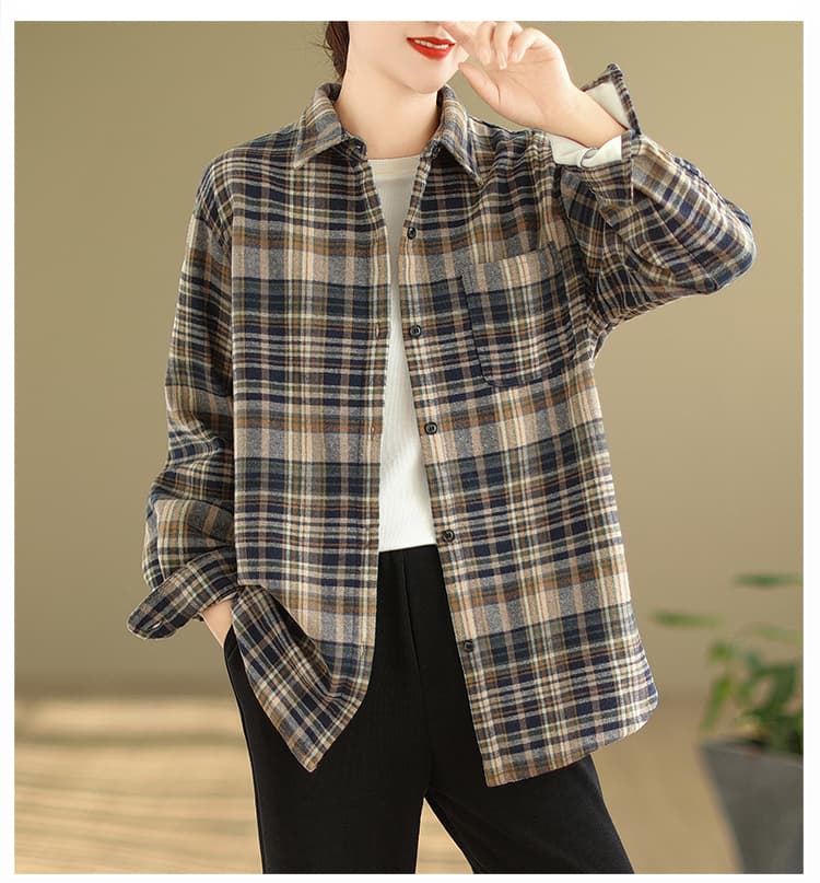 실사 2026 봄 가을 레트로 항구 풍차 털 면 100% 셔츠 여성 의류 털이 있는 체크무늬 긴팔 보온 셔츠 재킷 상세 이미지 22