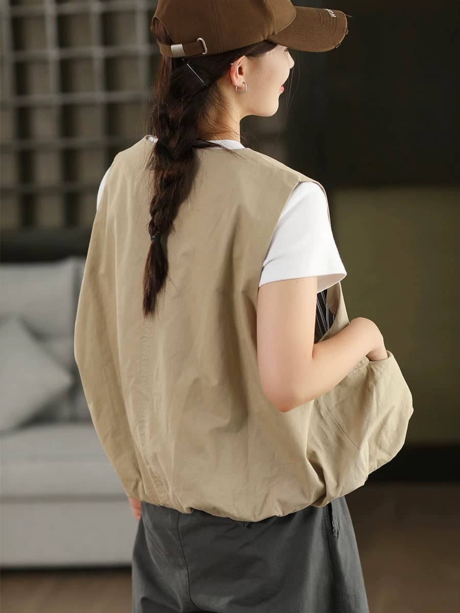 2026 이른 가을 면 100% 베스트 재킷 네리 체크무늬 민소매 조끼 오픈 가디건 루즈핏 외부 잡아라. 의류 여성 상세 이미지 5