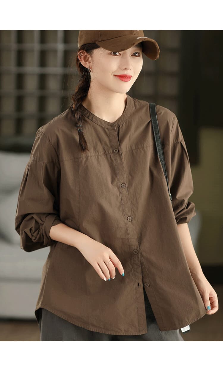 2026 봄 가을 레트로 순면 프로필 모양 여성 셔츠 품격 스탠드 칼라 긴팔 셔츠 싱글 줄 버튼 단색 맨위 상세 이미지 10