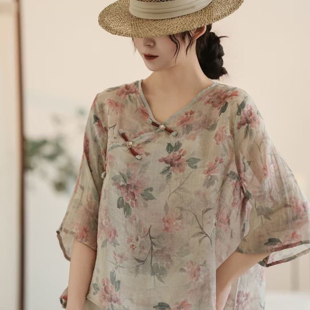 2026 면 소재 맨위 여성 디지털 프린트 작은 셔츠 빛 럭셔리 고급 센스 셔츠 얇은 스타일 단추 V넥 셔츠 상세 이미지 1
