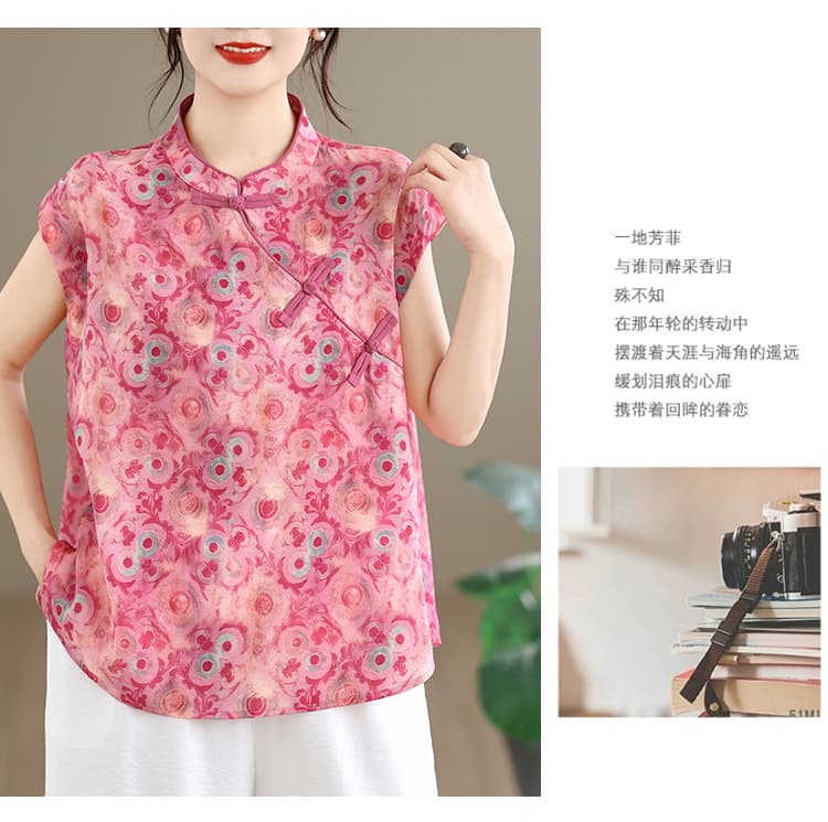실사 2026 여름 드레스 레트로 빅 사이즈 표지 고기 민소매 프린트 면 린넨 맨위 여성 고급 면 린넨 반바지 세트 상세 이미지 31