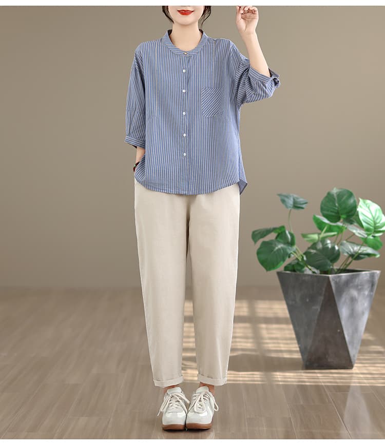 실사 루즈핏 슬림해 보이는 작은 스탠드 칼라 고급 센스 순면 얇은 스타일 거북이 중간 소매 스트라이프 여성 셔츠 캐주얼 바지 상세 이미지 13
