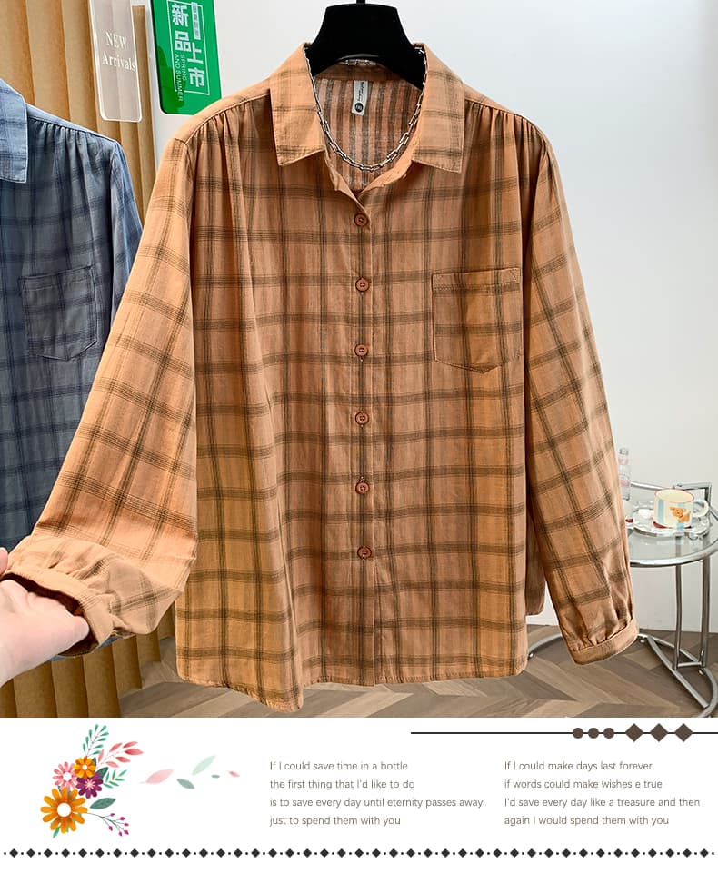 실사 2026 봄 가을 면 100% 이중층 면사 긴팔 여성 셔츠 단색 체크무늬 레트로 품격 기본 셔츠 맨위 상세 이미지 3