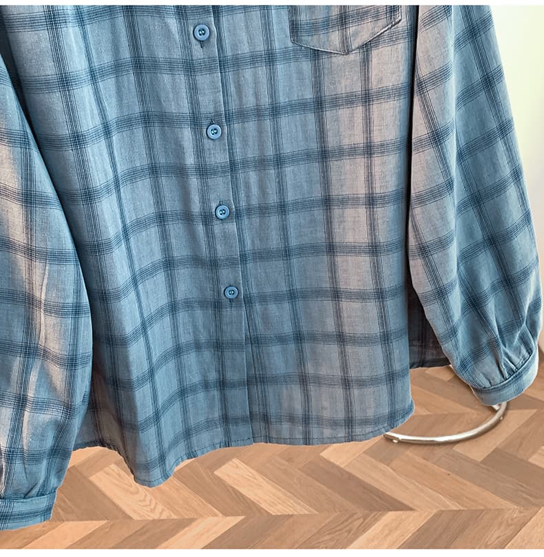 실사 2026 봄 가을 면 100% 이중층 면사 긴팔 여성 셔츠 단색 체크무늬 레트로 품격 기본 셔츠 맨위 상세 이미지 30