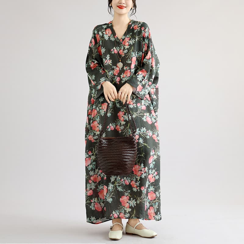 실사 2026 이른 가을 새로운 꽃무늬 휴가 바람 여행 V넥 레트로 롱 스커트 표지 고기 면 린넨 드레스 상세 이미지 8