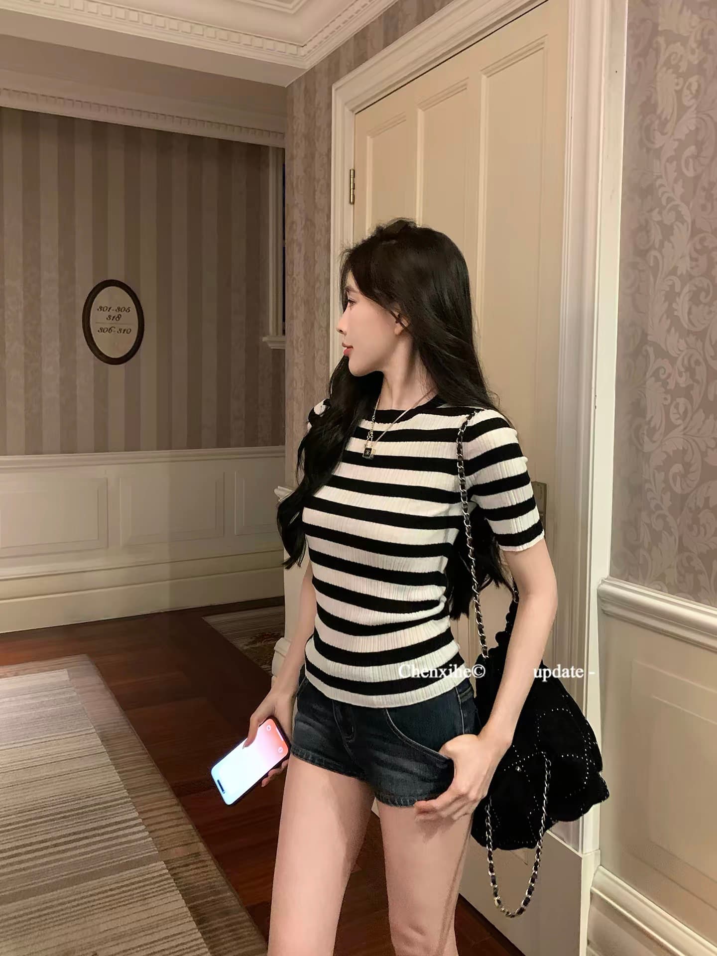 그는 아침 라운드 넥 약화 된 양모 스트라이프 반팔 질감 수직 구덩이 기사 질감 슬림해 보이는 맨위 미니멀리즘 니트 스웨터
