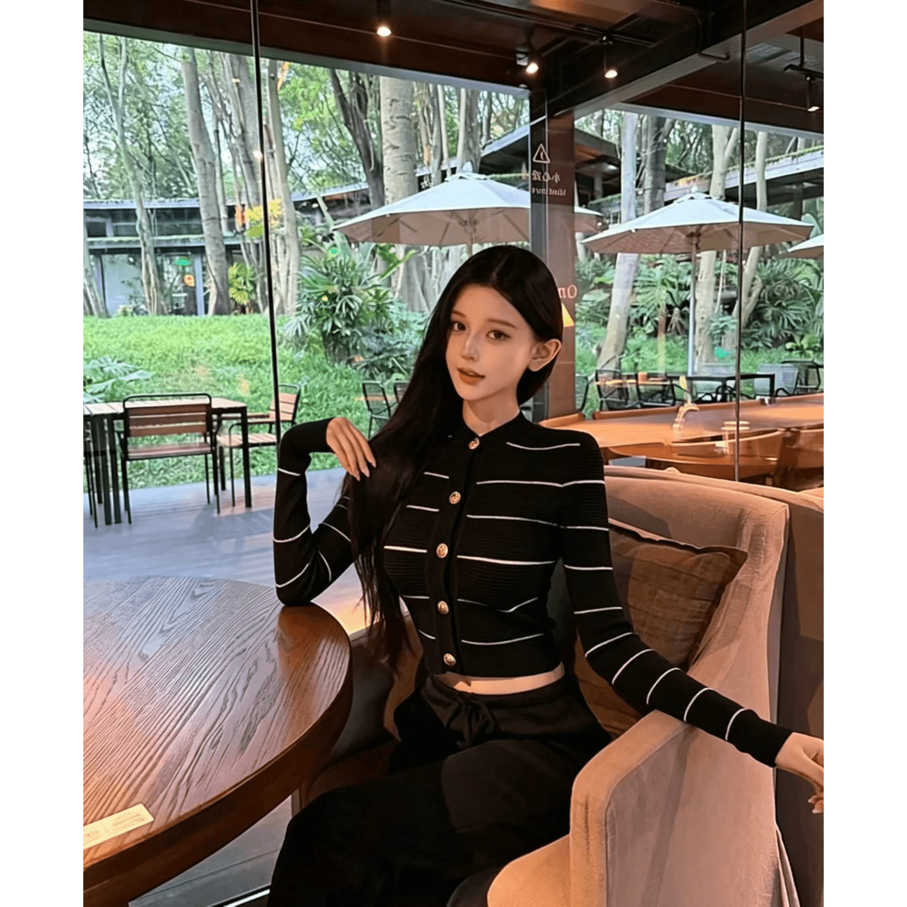 명문 여성 작은 샤넬 스타일 금속 버클 스탠드 칼라 니트 스웨터 여성 긴 소매 싱글 줄 버튼 구덩이 곡물 질감 쇼트 스타일 외출용 맨위 여성 이미지 5
