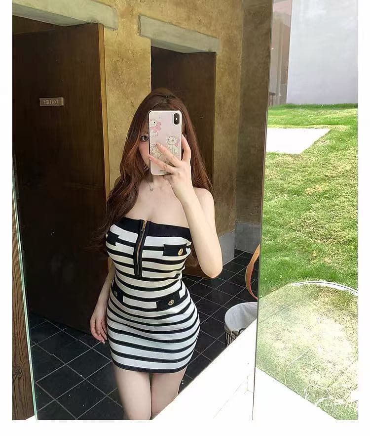 m900 작은 샤넬 스타일 스트라이프 튜브탑 여성 드레스 2026 여름 새로운 섹시함 핫걸 품격 타이트 스커트 이미지 4