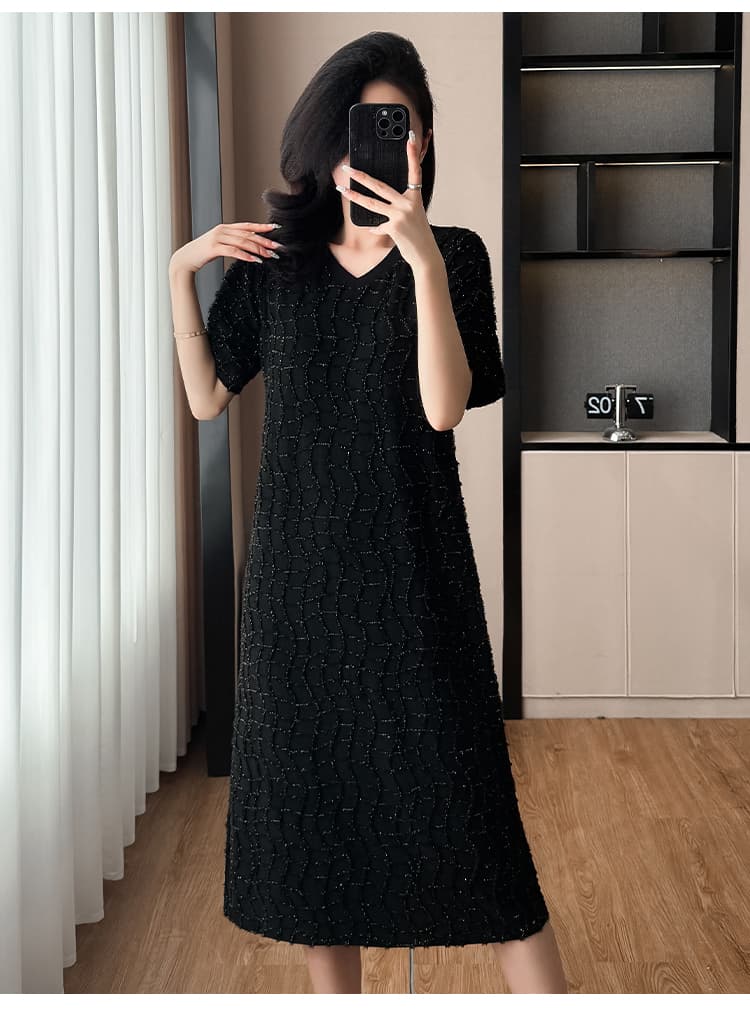 고급 빛 럭셔리 광택 실 질감 센스 여성 드레스 여름 빅 사이즈 프랑스식 우아함 품격 V넥 슈퍼 슬림해 보이는 작은 검은 드레스 상세 이미지 14