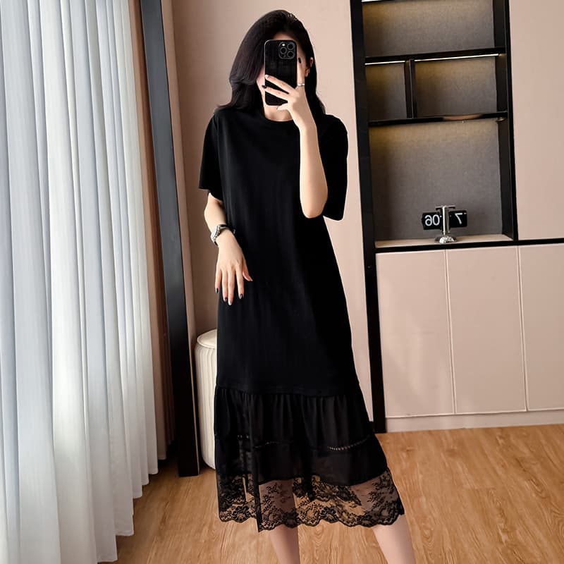 한 부서 패션 연령 감소 레이스 조각 드레스 2026 여름 디자인 센스 루즈핏 슬림해 보이는 외국 가스 캐주얼 티셔츠 치마 이미지 2