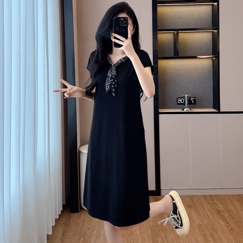 패션 디자인 센스 루즈핏 슬림해 보이는 스카프 패치워크 드레스 2026 여름 새로운 연령 감소 품격 캐주얼 중간 길이 스커트 이미지 5