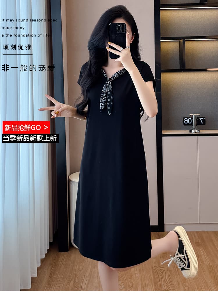 패션 디자인 센스 루즈핏 슬림해 보이는 스카프 패치워크 드레스 2026 여름 새로운 연령 감소 품격 캐주얼 중간 길이 스커트 상세 이미지 1