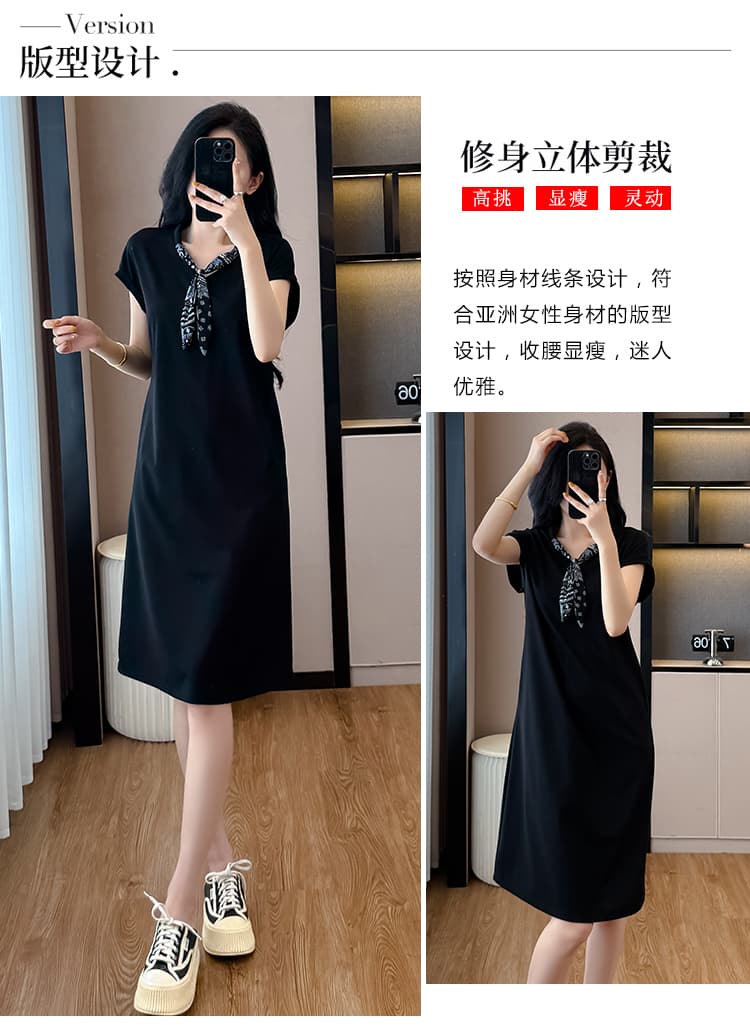 패션 디자인 센스 루즈핏 슬림해 보이는 스카프 패치워크 드레스 2026 여름 새로운 연령 감소 품격 캐주얼 중간 길이 스커트 상세 이미지 4