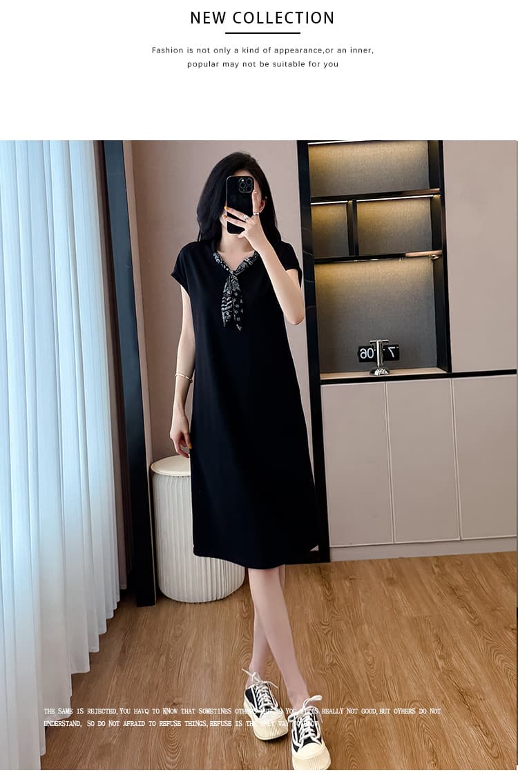 패션 디자인 센스 루즈핏 슬림해 보이는 스카프 패치워크 드레스 2026 여름 새로운 연령 감소 품격 캐주얼 중간 길이 스커트 상세 이미지 12