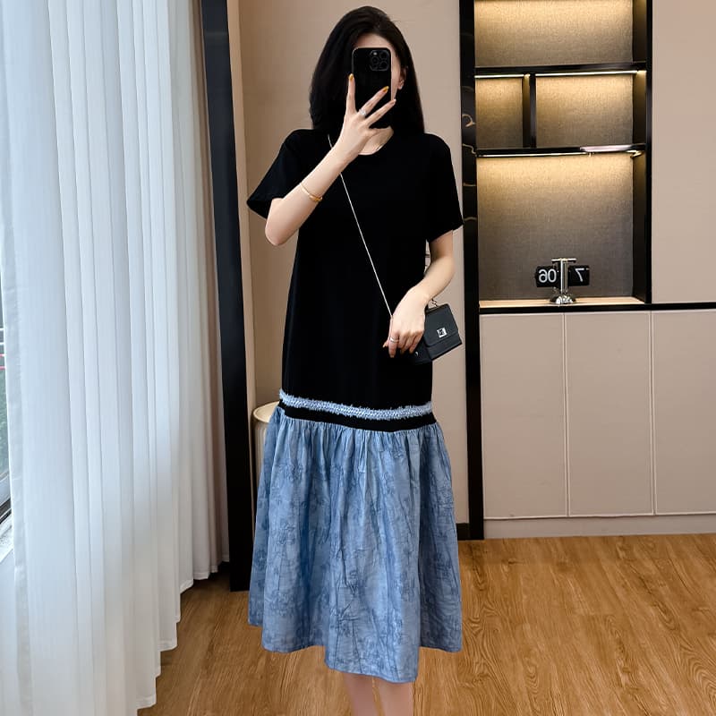 한 부서 디자인 센스 패치워크 여성 드레스 여름 빅 사이즈 프랑스식 품격 고급 절묘한 슬림해 보이는 슈퍼 잘 생긴 치마 이미지 3
