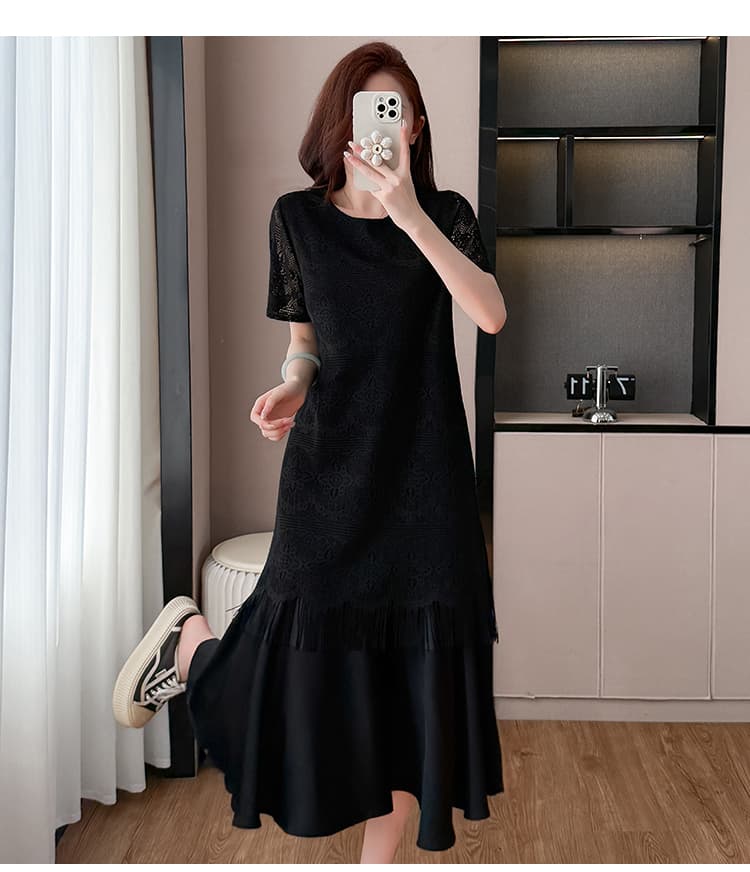고급 빛 럭셔리 레이스 질감 센스 여성 드레스 여름 빅 사이즈 프랑스식 우아함 품격 라운드 넥 슈퍼 슬림해 보이는 작은 검은 드레스 상세 이미지 13