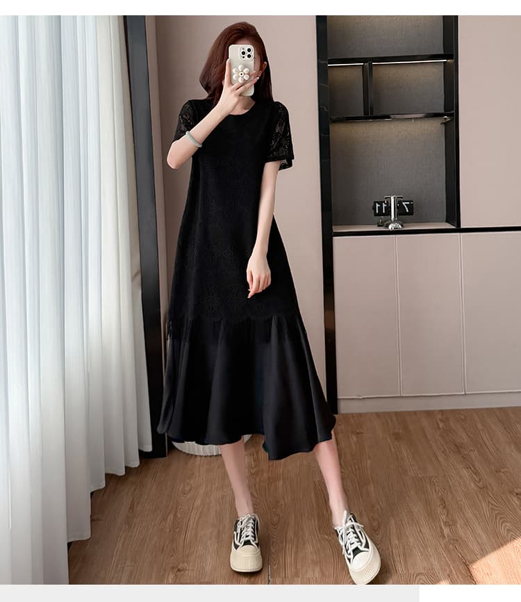 고급 빛 럭셔리 레이스 질감 센스 여성 드레스 여름 빅 사이즈 프랑스식 우아함 품격 라운드 넥 슈퍼 슬림해 보이는 작은 검은 드레스 상세 이미지 15