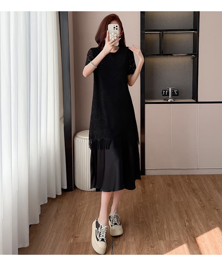고급 빛 럭셔리 레이스 질감 센스 여성 드레스 여름 빅 사이즈 프랑스식 우아함 품격 라운드 넥 슈퍼 슬림해 보이는 작은 검은 드레스 상세 이미지 17